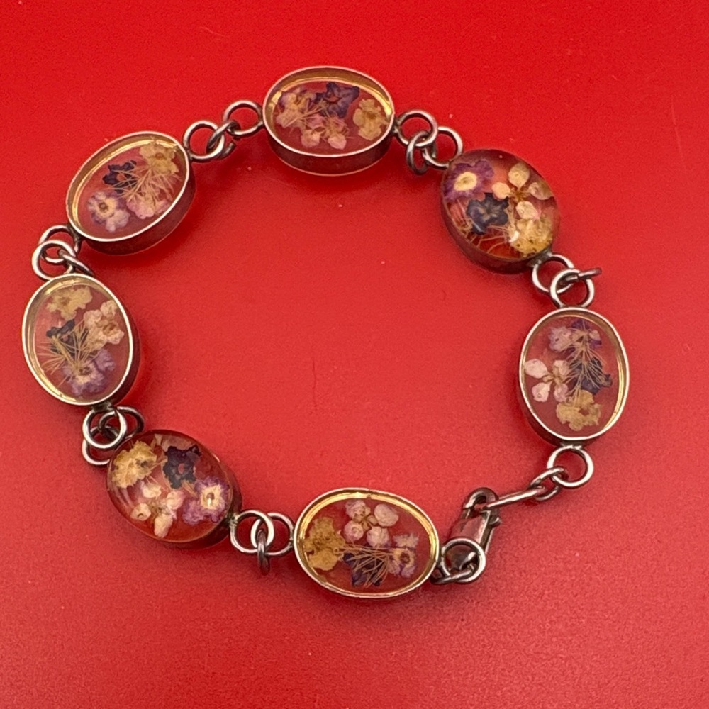 Sterling silver Floral Bracelet made with dried flowers in lucite/resin.